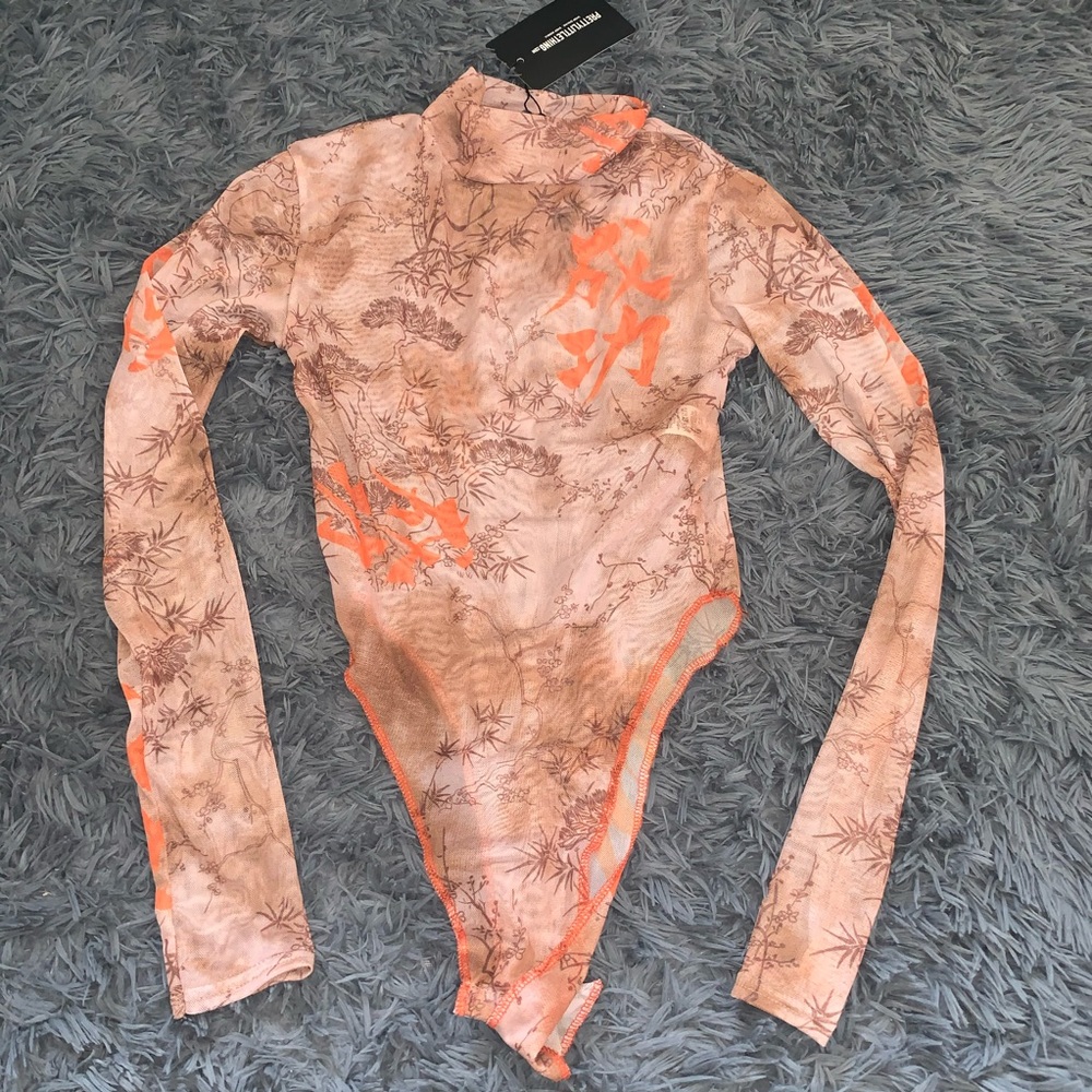 Nude Oriental Print Mesh High Neck Bodysuit